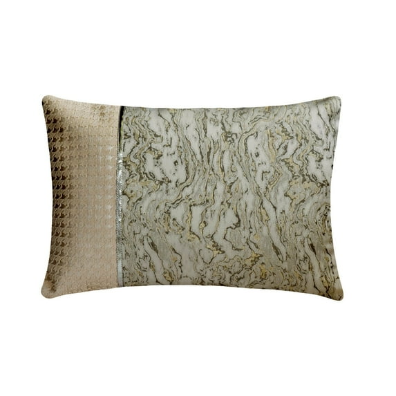 Decorative Ivory & Gold 12"x20" (30x50 cm) Lumbar Pillow Cover, Silk Patchwork, Marble, Faux Leather Textured Oblong Pillow, Abstract Pattern Modern Style - Calacutta Gold