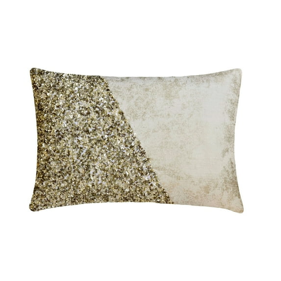 Decorative Ivory & Gold 12"x22" (30x55 cm) Lumbar Pillow Cover, Jacquard Beaded, Sequins, Foil & Patchwork Oblong Pillow, Abstract Pattern Modern Style - Elaina