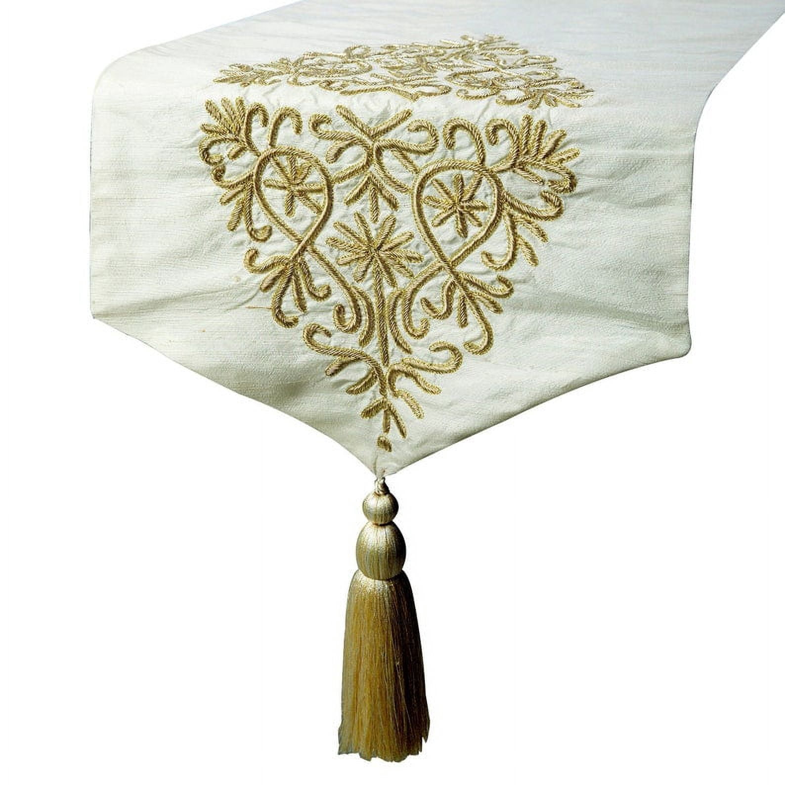 Decorative Ivory & Gold Table Runner Coffee Table Runner (14 x 36 inch), Tassels & Zardozi Table Runner, Silk fabric Table Linen, Damask Pattern Contemporary Style - Ishana