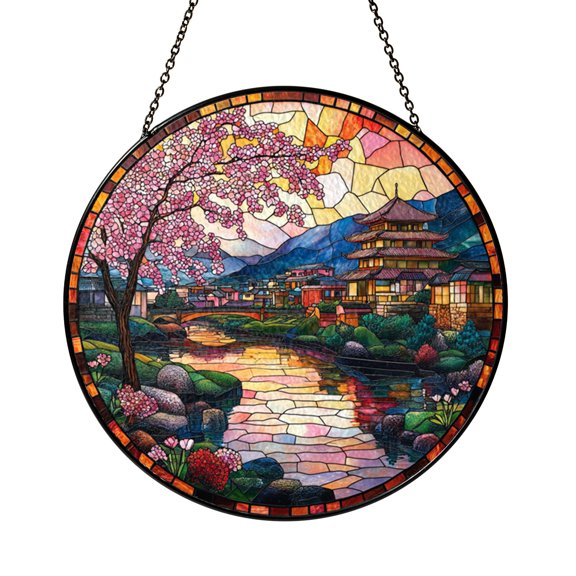 Decorative Japanese River Stained Glass Window Hanging with Tranquil Water Scene and Soft Colors
