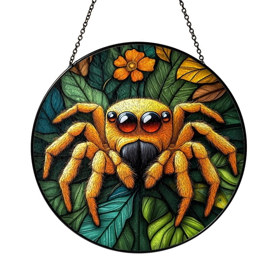Decorative Jumping Spider Stained Glass Suncatcher Window Hanging Ornament, Cute Spider Glass Art Panel for Window Decor Gift