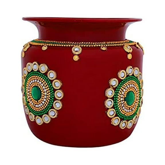 Decorative Kalash Lota Handpainted Steel Puja Kalash for Festival Wedding Decor & Gifting Pooja Item Home Temple Mandir Puja Rituals Housewarming Stainless Steel Lota for Navratri (Red) (Size :-4")