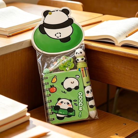 Decorative Kawaii Panda Stationery Gift Set 9.92in, Mini Lined Spiral Journal Multi-Color Click Pen Pack, Pre-Packed Portable Desk Writing Supplies For Office Organization & Small Occasion Gifts