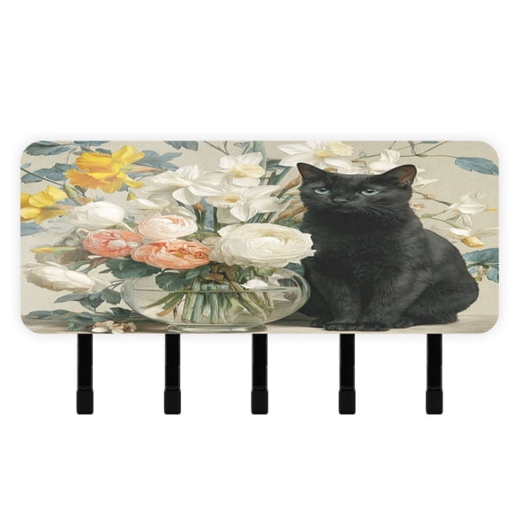 Decorative Key Holder Organizer Wall Mounted with 5 Hooks for Keys Mail (7.1 x 4.1 Inches) Black Cat and Glass Vase