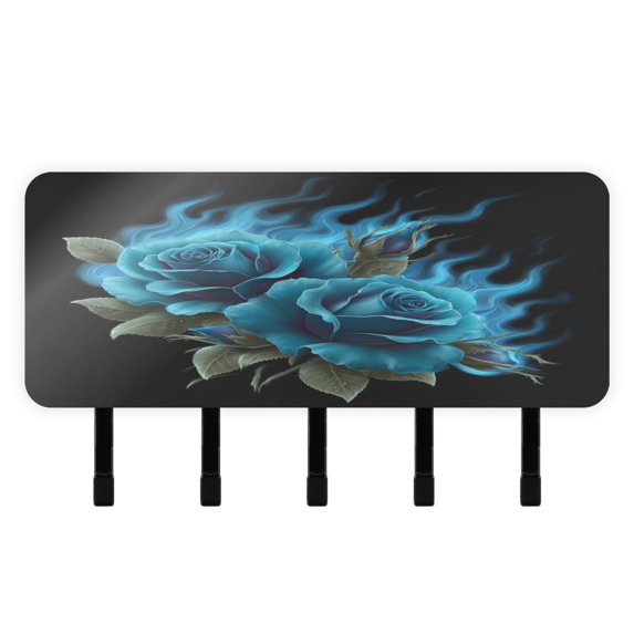 Decorative Key Holder Organizer Wall Mounted with 5 Hooks for Keys Mail (7.1 x 4.1 Inches) Eternal Blue Rose and Flame