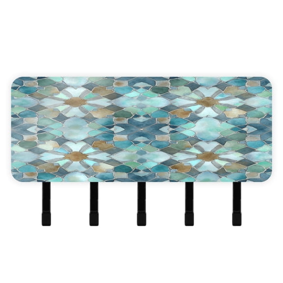 Decorative Key Holder Organizer Wall Mounted with 5 Hooks for Keys Mail (7.1 x 4.1 Inches) Intricate Blue Block Pattern