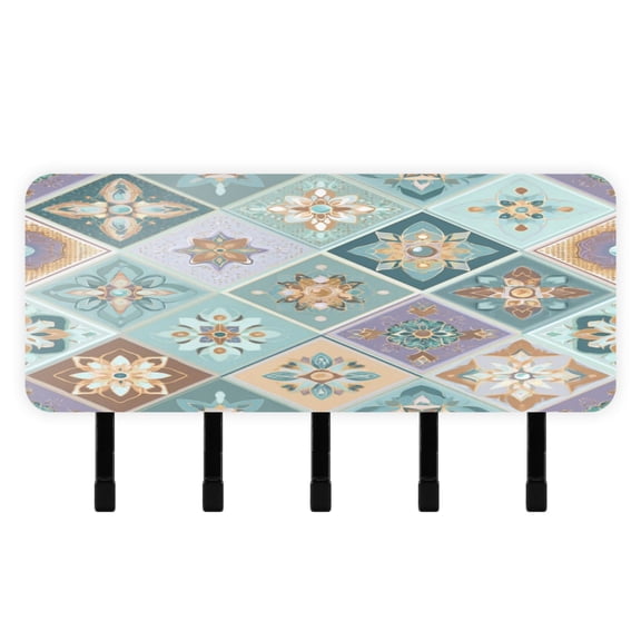 Decorative Key Holder Organizer Wall Mounted with 5 Hooks for Keys Mail (7.1 x 4.1 Inches) Intricate Blue Shape