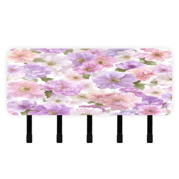 Decorative Key Holder Organizer Wall Mounted with 5 Hooks for Keys Mail (7.1 x 4.1 Inches) Lavender and Pink Flowers