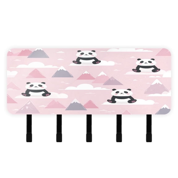 Decorative Key Holder Organizer Wall Mounted with 5 Hooks for Keys Mail (7.1 x 4.1 Inches) Panda and Clouds Pattern