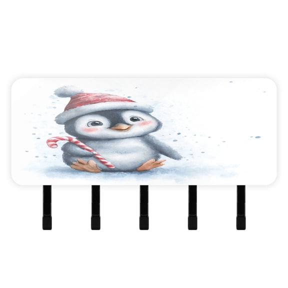 Decorative Key Holder Organizer Wall Mounted with 5 Hooks for Keys Mail (7.1 x 4.1 Inches) Penguin Holding Candy Cane