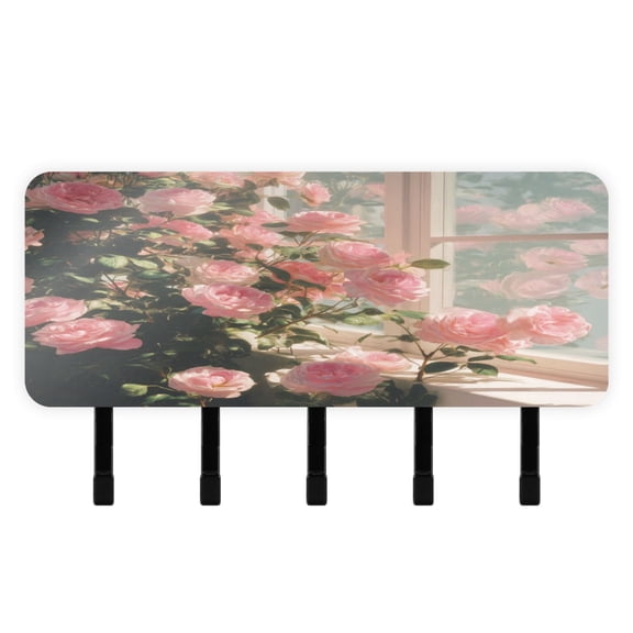 Decorative Key Holder Organizer Wall Mounted with 5 Hooks for Keys Mail (7.1 x 4.1 Inches) Pink Rose Bushes