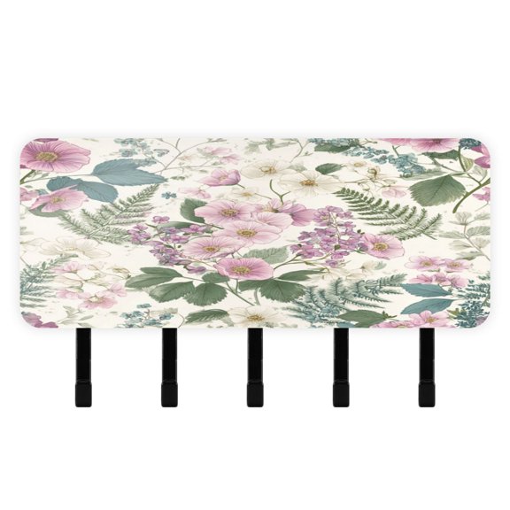 Decorative Key Holder Organizer Wall Mounted with 5 Hooks for Keys Mail (7.1 x 4.1 Inches) Retro Pink Flowers Pattern