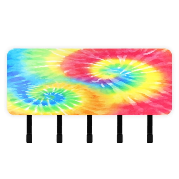 Decorative Key Holder Organizer Wall Mounted with 5 Hooks for Keys Mail (7.1 x 4.1 Inches) Tie-dyed Colorful Spiral Pattern
