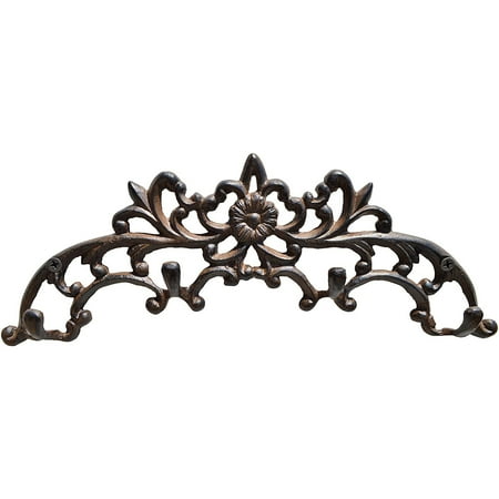 Decorative Key Holder Rack Flower Décor 4 Cast Iron Antique Rustic Brown Hooks for Wall Mount 2 Screws and 2 Anchors Included