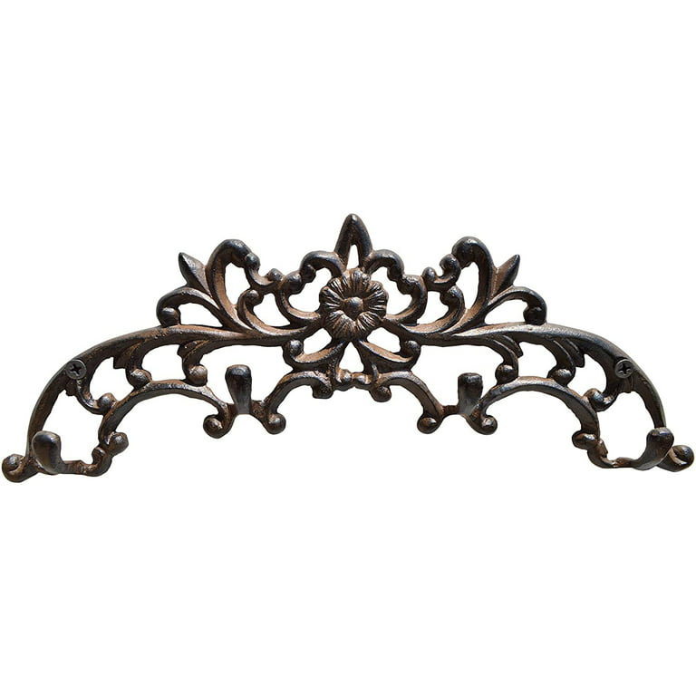 Decorative Key Holder Rack Flower Décor 4 Cast Iron Antique Rustic Brown  Hooks for Wall Mount 2 Screws and 2 Anchors Included 
