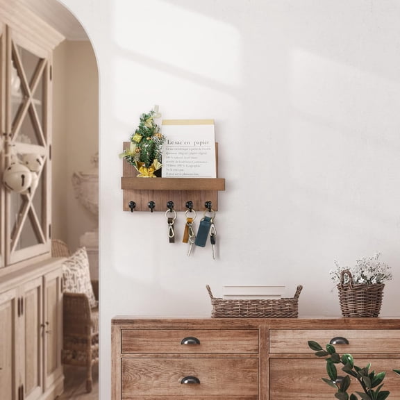 Decorative Key Holder for Wall - Rustic Key Hooks with Shelf and Mail Organizer Wall Mount for Farmhouse Wall Decor Living Room - Home Essentials (Brown)