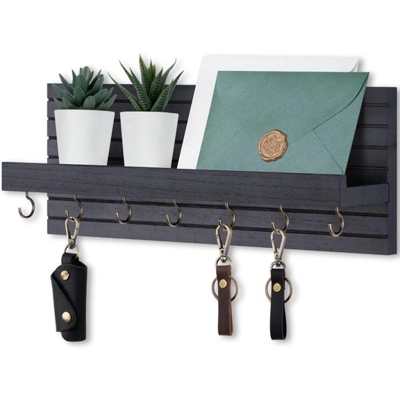 Decorative Key Holder for Wall with Shelf, Entryway Shelf with Hooks Holds Leashes, Jackets and Glasses – Sturdy Wood Entrance Hanger with Mounting Hardware
