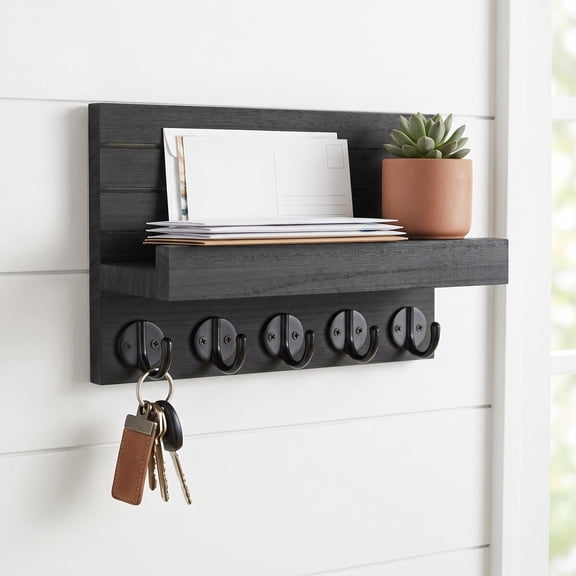 Decorative Key Holder for Wall with Shelf Large Hooks for Mail, Bags, Coats & Umbrella Lightweight Paulownia Wood, Entryway Wall Organizer 9.8W x 6.7H x 4.2D
