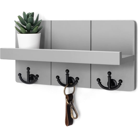 Decorative Key Holder for Wall: Stylish Farmhouse Mail Organizer Wall Mount with Floating Shelf and 3 Anchor Key Hooks - Rustic Home Decor for Entryway (Light Gray)