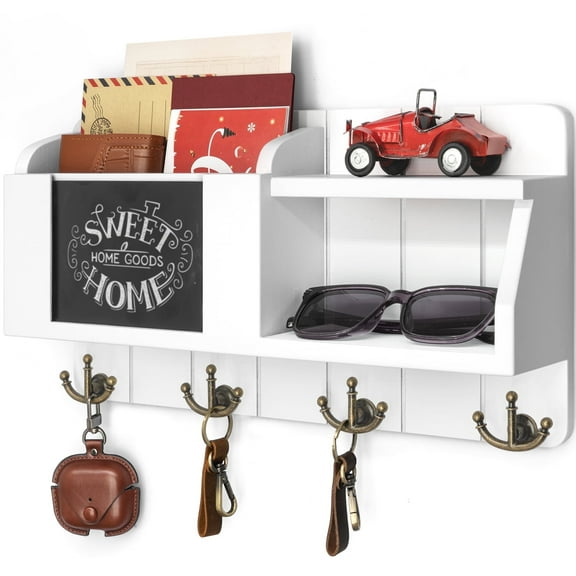 Rebee Vision Decorative Key Holder for Wall with Chalkboard - Key Hanging Organizer with 4 Anchor Hooks (White, 16-inch)