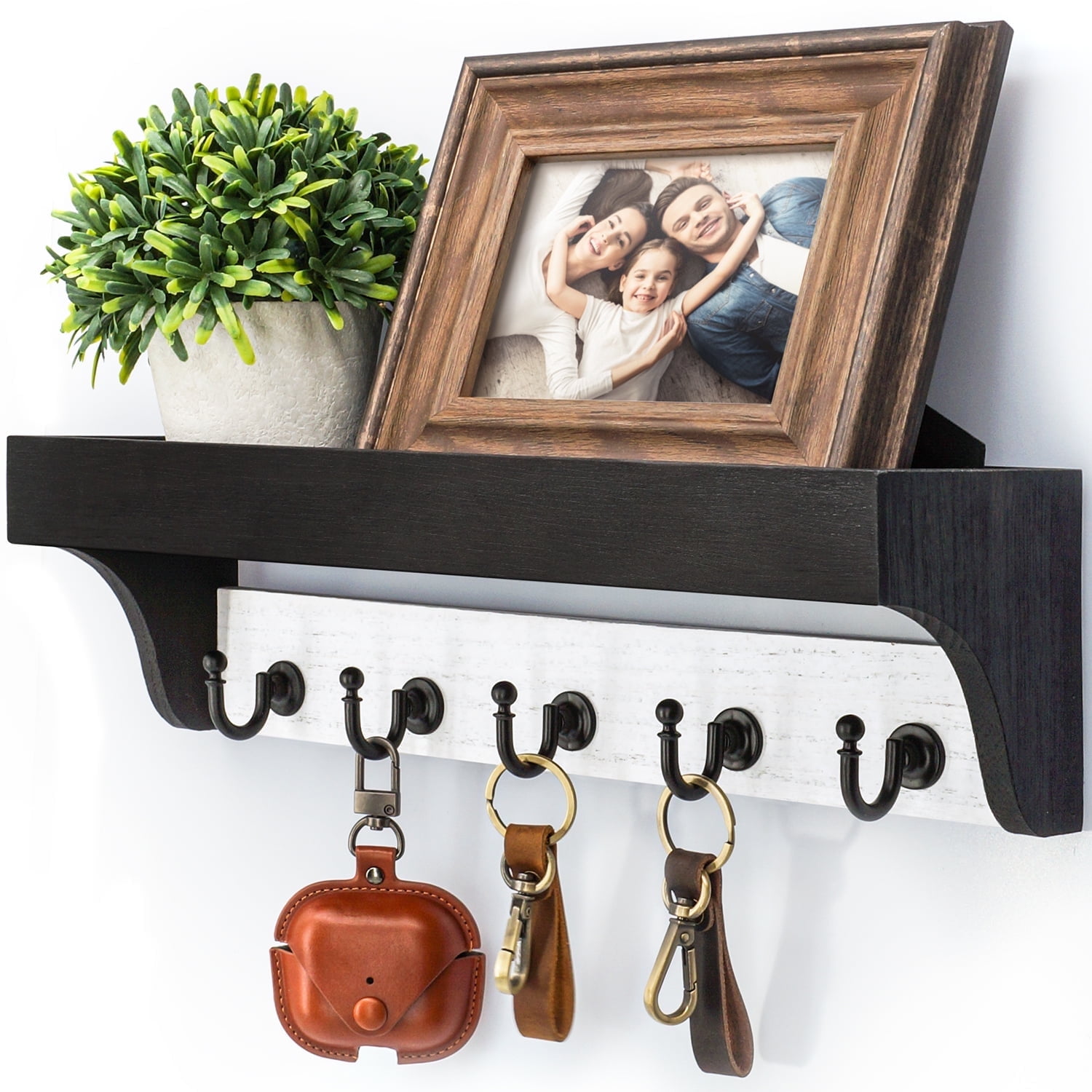 Black and White Wooden Wall Mounted Key Holder with Shelf