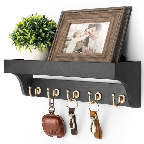 Rebee Vision Decorative Key Holder Wall Mount with Shelf - Modern Hanging Mail Organizer with 5 Hooks (Black)