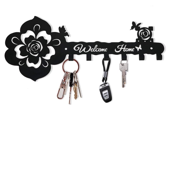 Decorative Key Hooks Holder for Wall Mounted, Steel Rose Butterfly Pattern, Small Black Entryway Welcome Sign Key Hanging Rack, black