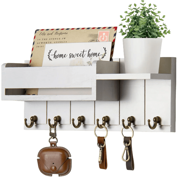Decorative Key Rack and Mail Organizer with 6 Key Hooks Rustic Wood Key Holder Wall Mounted with Shelf for Living Room Enterway