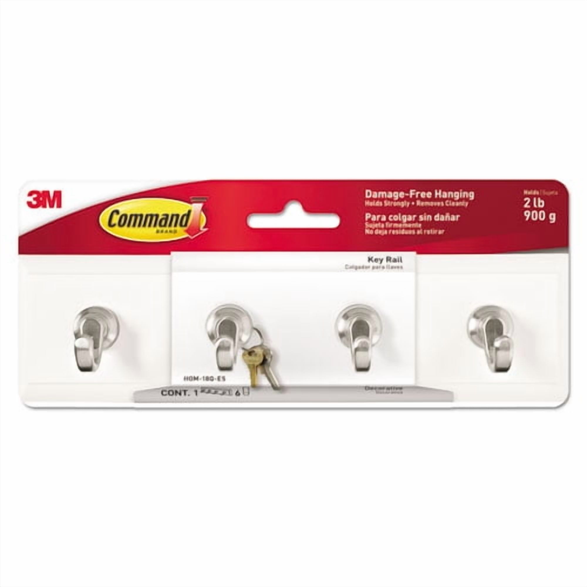 Decorative Key Rail, 8w X 1 1/2d X 2 1/8h White/silver, 4 Hooks/pack | Bundle of 2 Packs