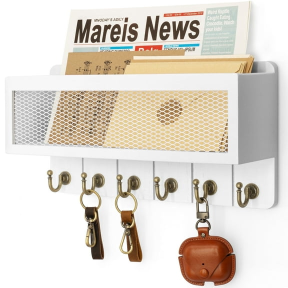 Rebee Vision Decorative Key and Mail Holder for Wall - Key Rack Mail Organizer with Mesh Basket and 6 Hooks (White, 13-inch)