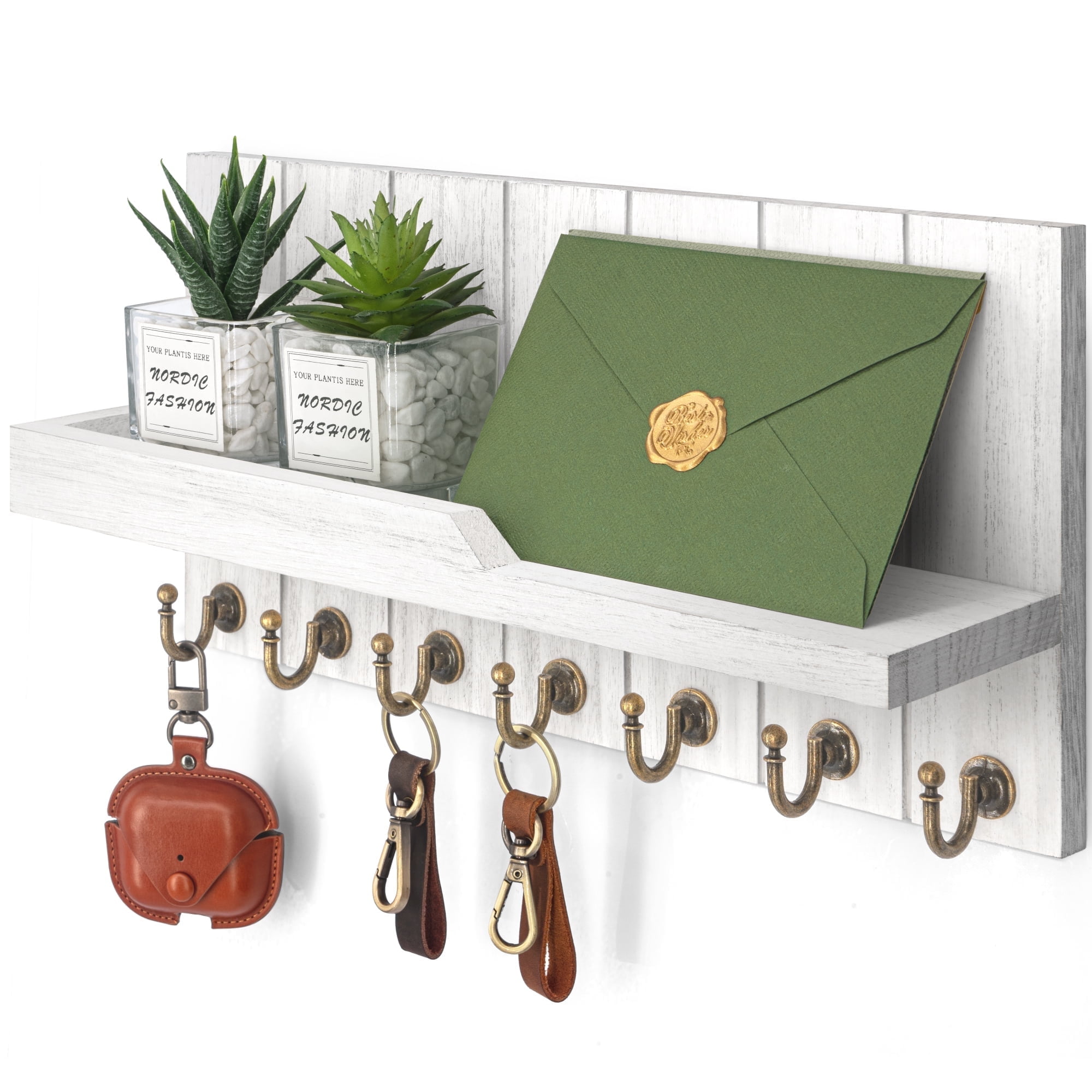 Whitewash Wood Wall-Mounted Key Holder with 7 Hooks