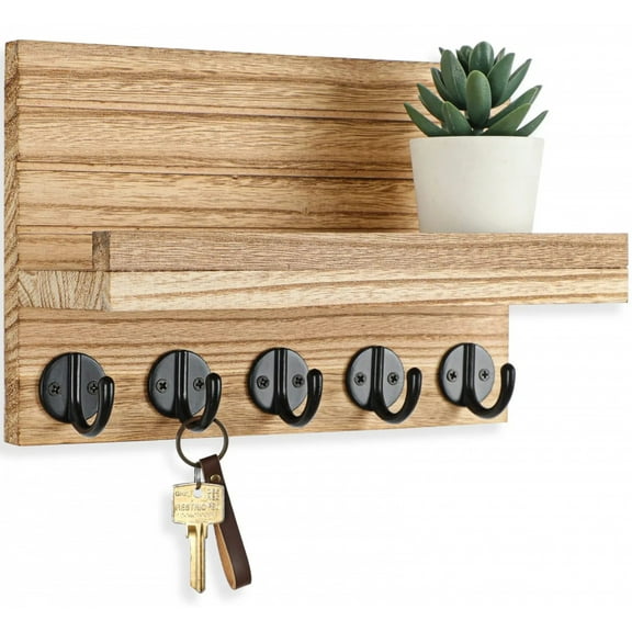 Decorative Key and Mail Holder with Shelf Wall Mounted Wooden Rack with 5 Hooks Hanging Bags Coats Umbrella for Entryway