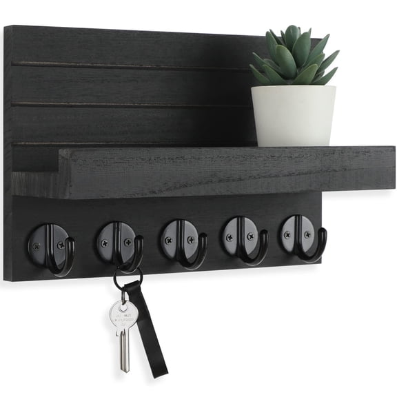 Decorative Key and Mail Holder with Shelf Wall Mounted Wooden Rack with 5 Hooks Hanging Bags Coats Umbrella for Entryway