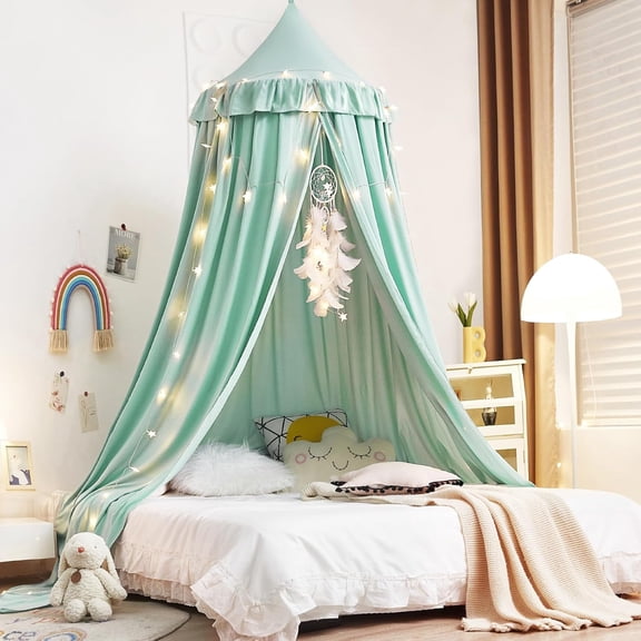 Decorative Kids Bed Canopy with Mosquito Net, Soft Polyester Reading Nook Tent for Children's Room (Green)