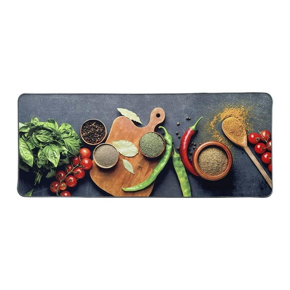 Decorative Kitchen Runner Rug, Non-Slip Backing, Machine Washable Floor Mat with Fresh Herbs and Spices Design, Durable, Easy To Clean, Comfortable Standing Mat For Home and Kitchen Decor