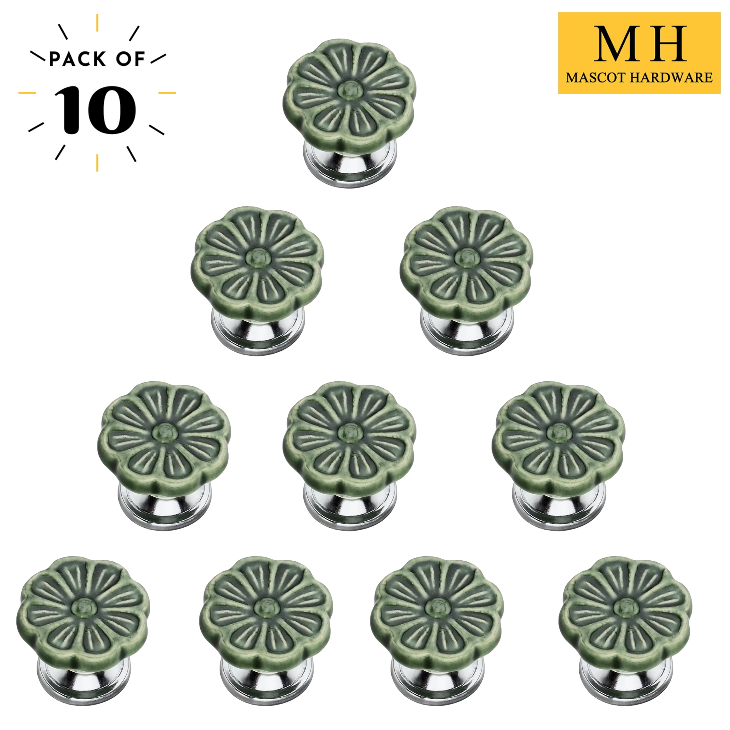 Decorative Knobs for Kitchen Cabinets and Drawers, Beautifully Green Flower Designs, Ceramic ...