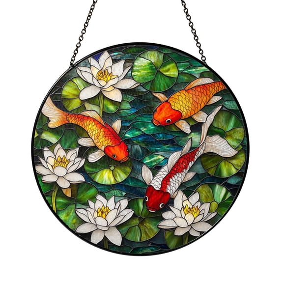 Decorative Koi Fish Stained Glass Window Hanging, Pond Art Panel Accent for Nature Inspired Gift
