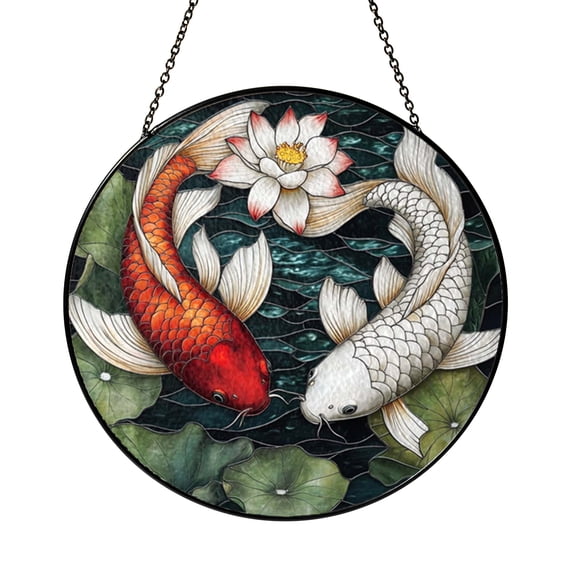 Decorative Koi Fish Stained Glass Window Hanging, Pond Art Panel Accent for Nature Inspired