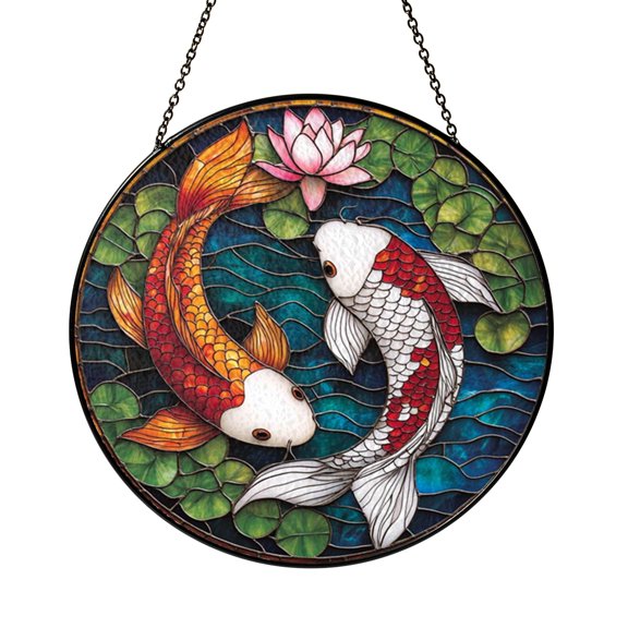 Decorative Koi Fish Stained Glass Window Hanging with Circular Balance Theme and Fluid Movement