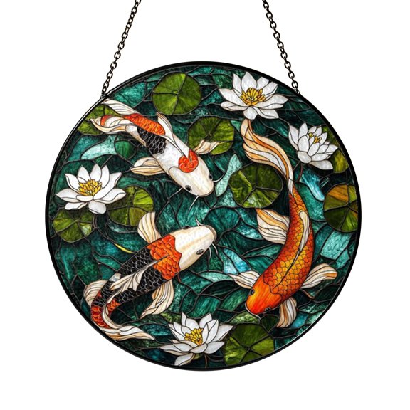 Decorative Koi Fish Stained Glass Window Hanging with Flowing Water Scene and Balanced Movement