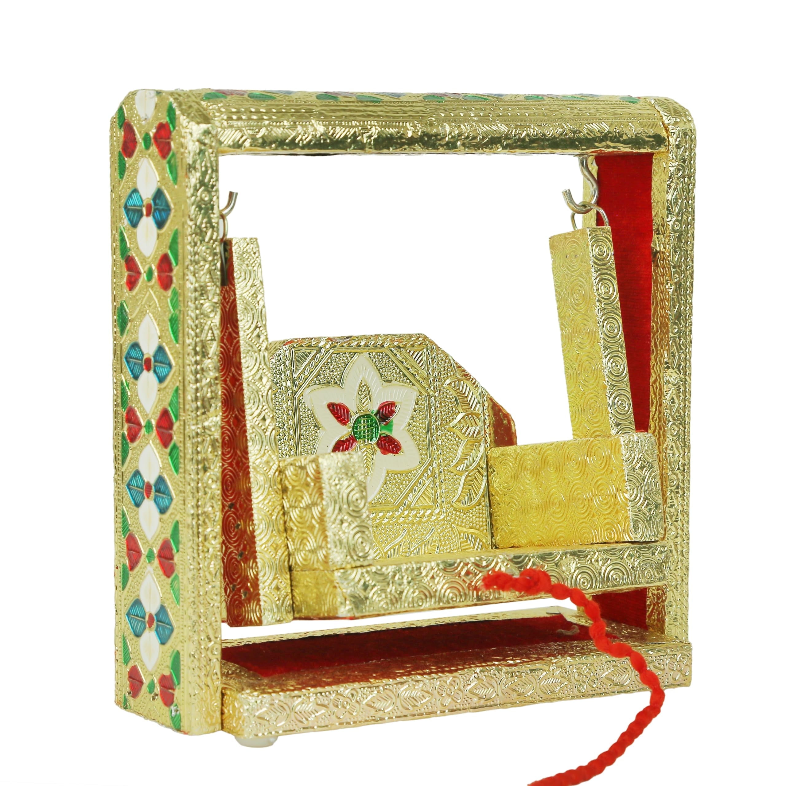 Decorative Laddu Gopal Jhula Wooden Handcrafted Velvet with Golden Work for Bal Gopal Idol/Krishna Jhoola Home Temple Indian Traditional Festival Diwali Decorations(Height Size:-6.5")(Multicolour)