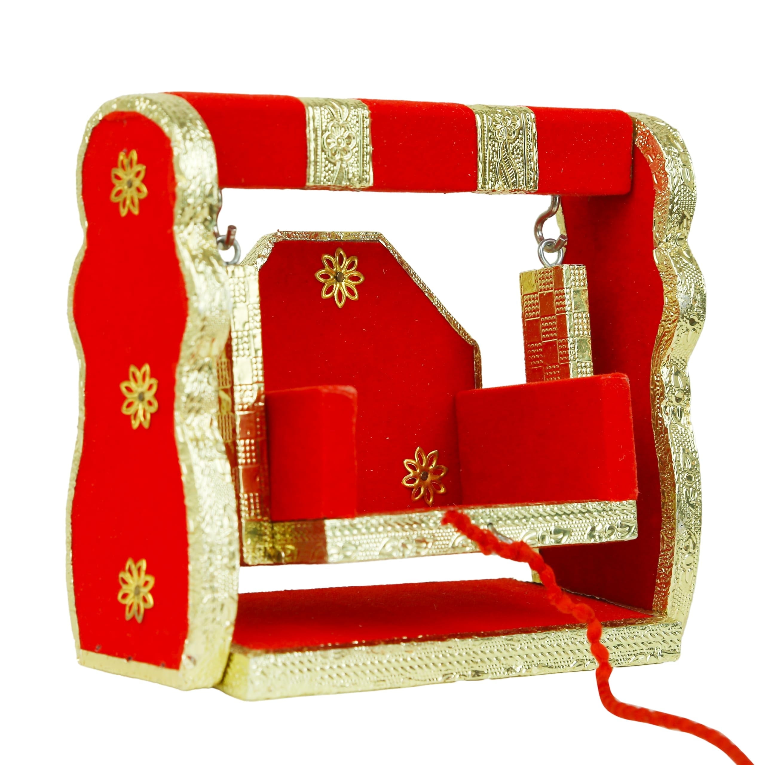 Decorative Laddu Gopal Jhula Wooden Handcrafted Velvet with Golden Work for Bal Gopal Idol/Krishna Jhoola Home Temple for Indian Traditional Festival Diwali Decorations (Height Size:- 7")(Red)