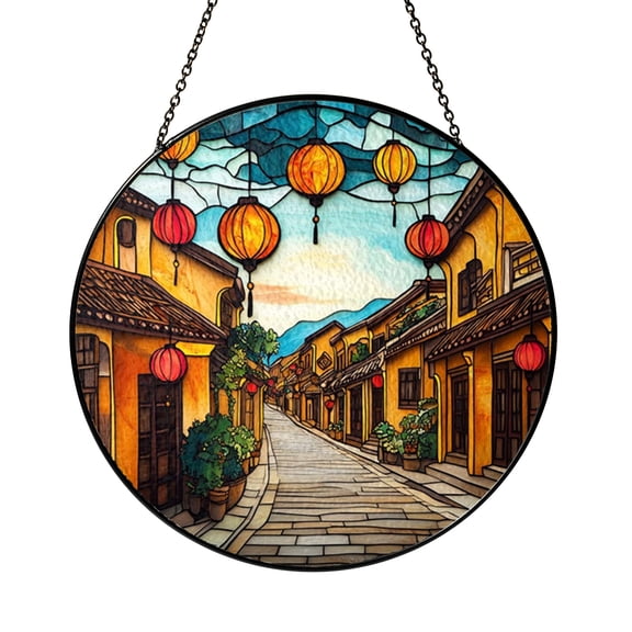Decorative Lantern Street Stained Glass Style Suncatcher Window Hanging, Old Town Architecture Landscape Art Glass Window Ornament, Round Scenic Glass Panel Window Decor Gift