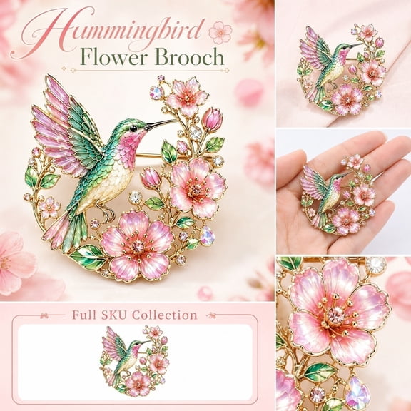 Decorative Lapel Pin Brooch, Anniversary Gift for Her, Valentine's Day Gift for Her, Gift for Valentine Day for Women, 3X3 Inch Gold Tone Pink Flower Hummingbird Pin for Date and