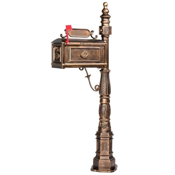 Decorative Large Cast Aluminum Mailbox with Post, Heavy Duty Outdoor Mailbox, Antique Bronze Finish, Lock-Free Mail Box with Address Plaque, Red Signal Flag, Weather-Resistant Residential Curbside De