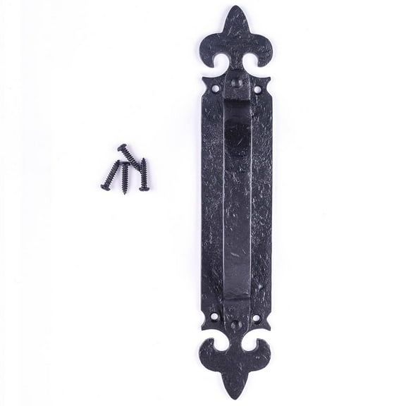 Decorative Large Door Handle 10.5 in. Use for Push Pull or Slide Doors in Wrought Iron Antique Colonial Forged Design in Black Fleur De Lis w/Screws Renovators Supply