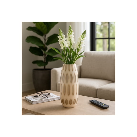 Decorative Large Glass Vase with Chiseled Accent for Living Room Decor - Elegant Flower Vase Perfect for Offfice Styling, Tabletop, and Home Decor - Artisan House Vase for Bedroom Decor - 16", Green