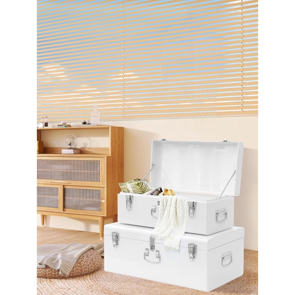 Decorative Large Metal Storage Trunk Chest Set of 2 with Wheels for Under Bed Dorm Organization