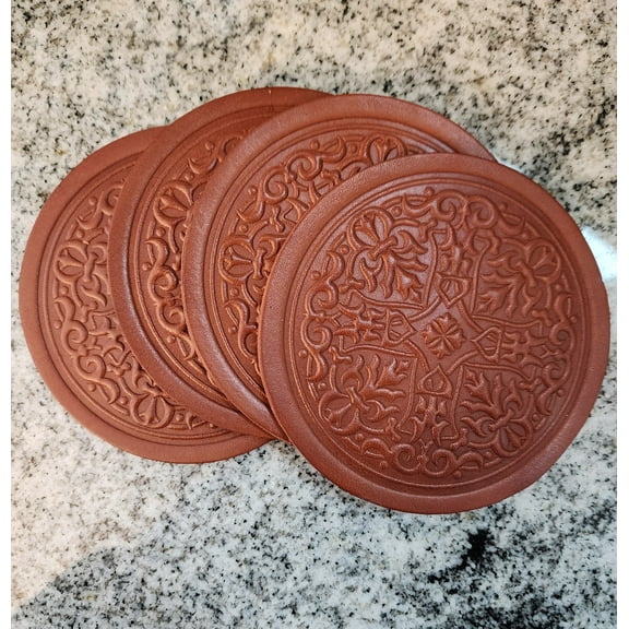 Decorative Leather Coasters with Spanish Tile Pattern, Round, Terracotta Brown, Set of 4