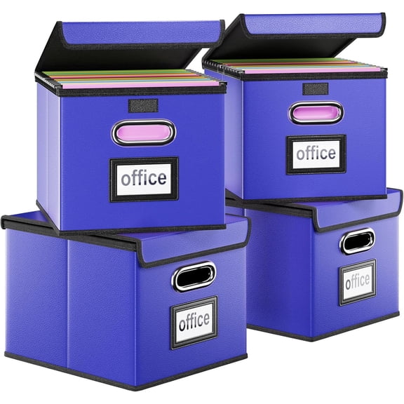 Decorative Leather File Organizer Storage Boxes with Lids Set of 4, Document Boxes Organizer, Filing Boxes, Decorative Small File Boxes for Hanging Files, File Cabinet for Office/Home - 4 Pack